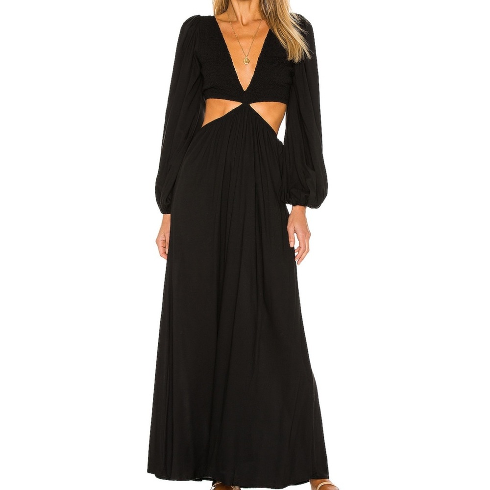 Solid Ruched Cutaway Bodice Maxi Dress by Indah - black size M